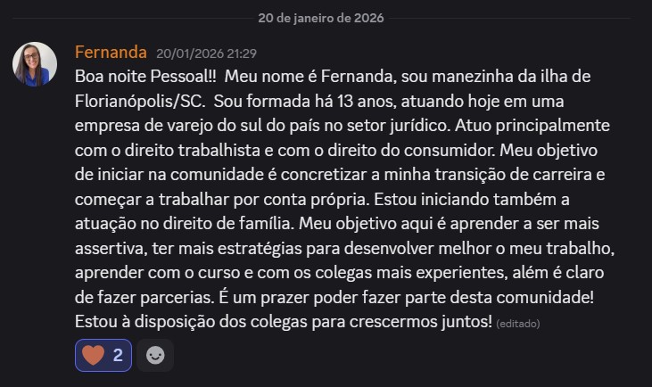 Print de aluna sobre "Estou em transição de carreira"