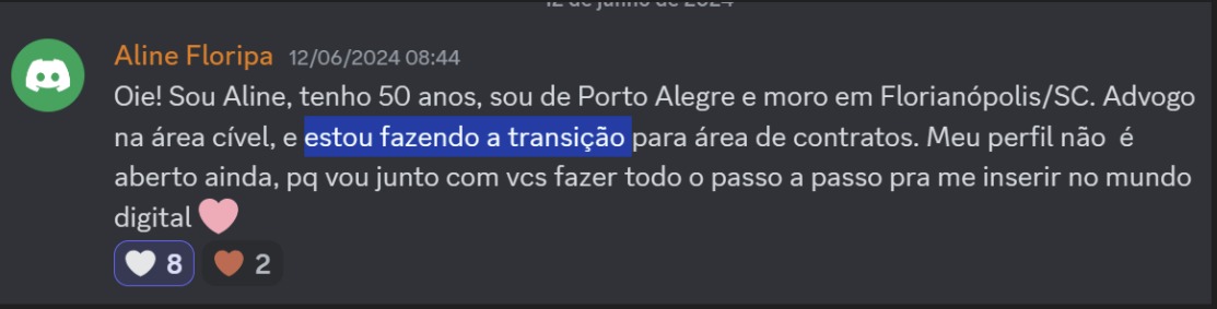 Print de aluna sobre "Estou em transição de carreira"