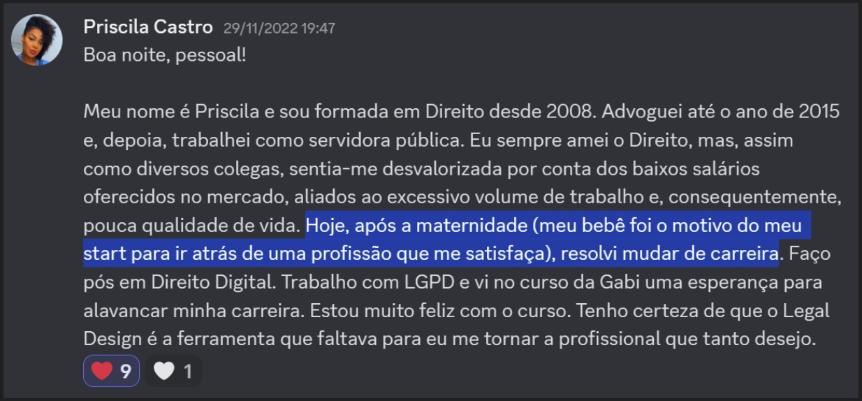Print de aluna sobre "Estou em transição de carreira"
