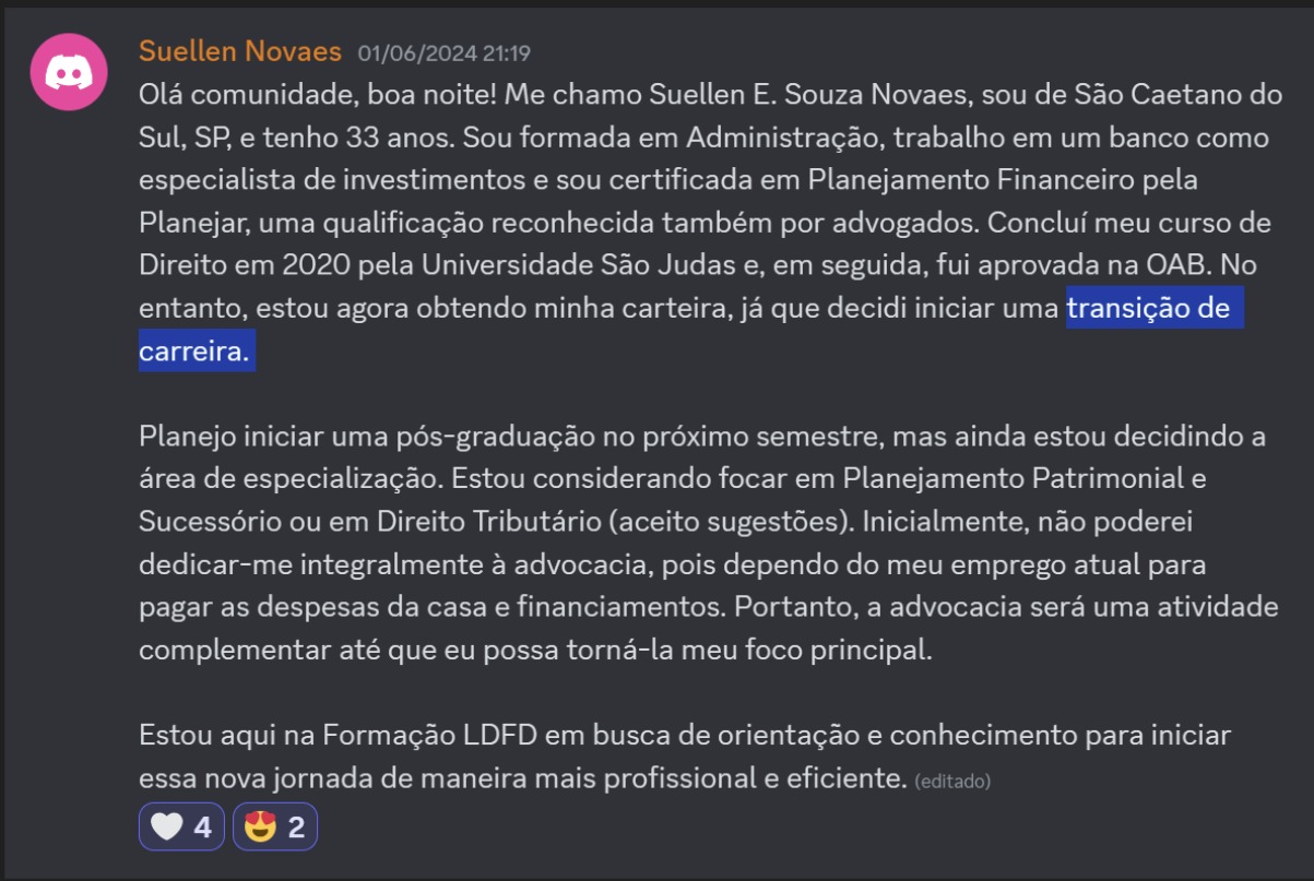 Print de aluna sobre "Estou em transição de carreira"