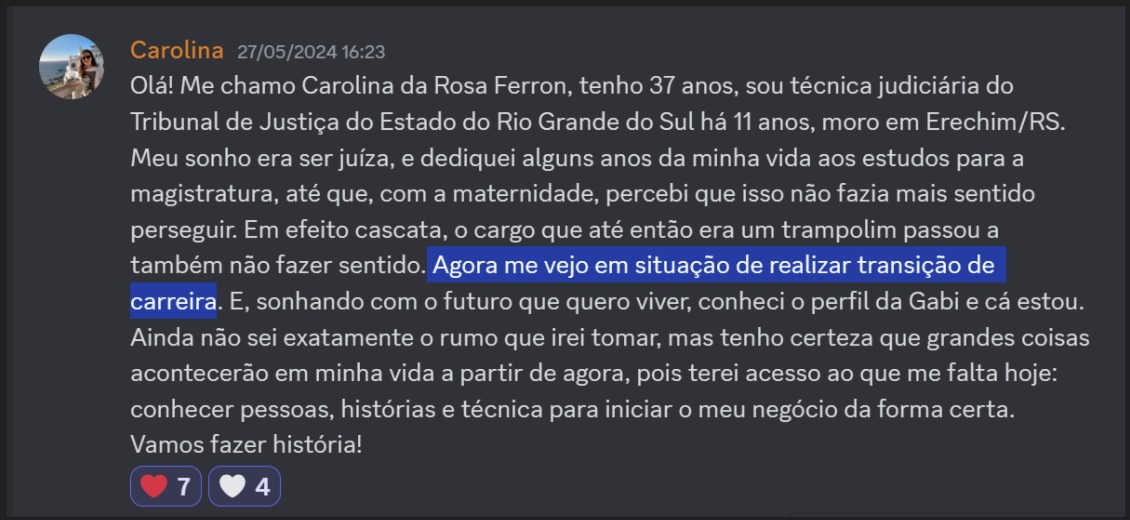 Print de aluna sobre "Estou em transição de carreira"