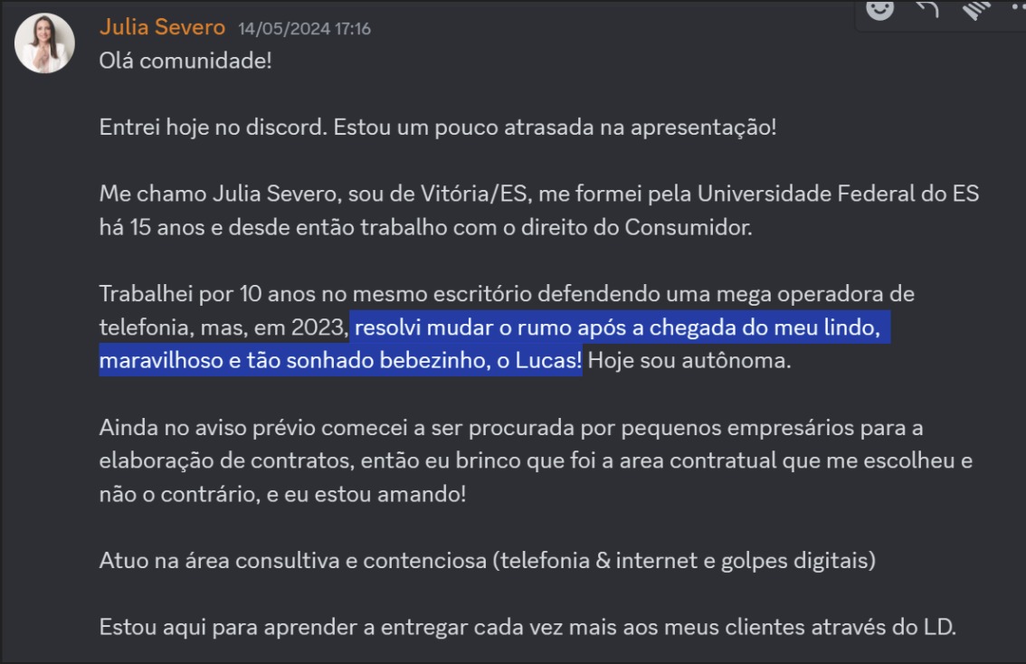 Print de aluna sobre "Estou em transição de carreira"
