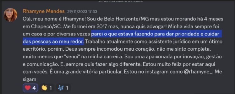 Print de aluna sobre "Estou parada há alguns anos"
