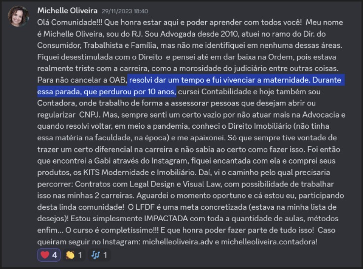 Print de aluna sobre "Estou parada há alguns anos"