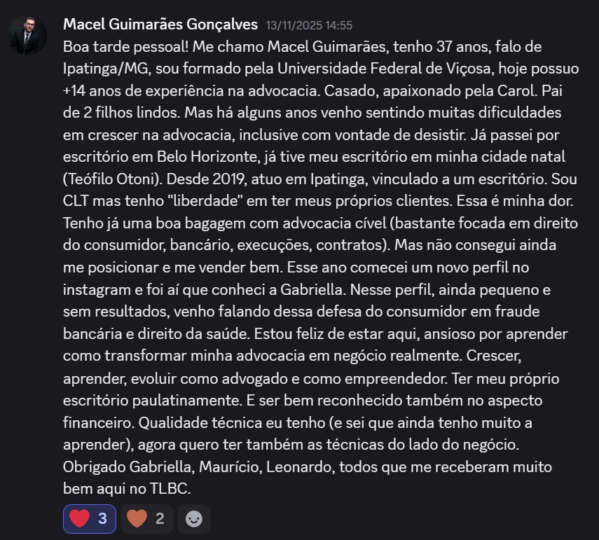 Print de aluna sobre "Já sou advogada há mais de 5 anos"
