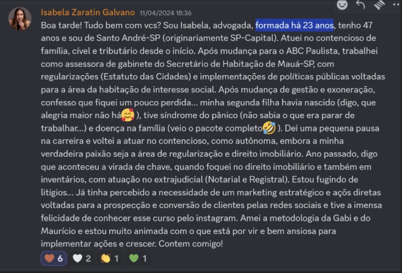 Print de aluna sobre "Já sou advogada há mais de 5 anos"