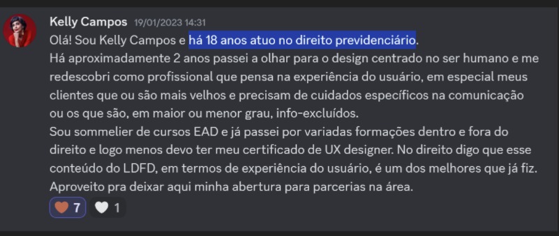 Print de aluna sobre "Já sou advogada há mais de 5 anos"