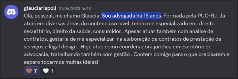 Print de aluna sobre "Já sou advogada há mais de 5 anos"
