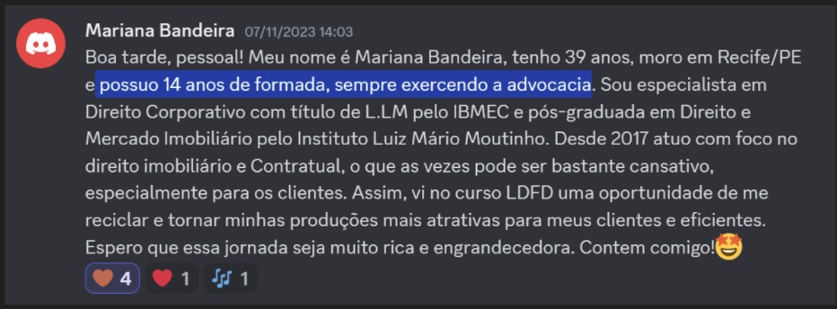 Print de aluna sobre "Já sou advogada há mais de 5 anos"