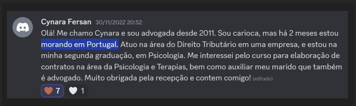 Print de aluna sobre "Não moro no Brasil"