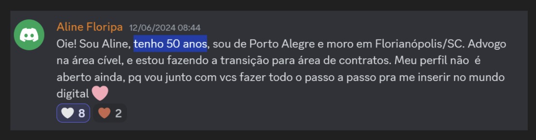 Print de aluna sobre "Não sou mais 'novinha'"