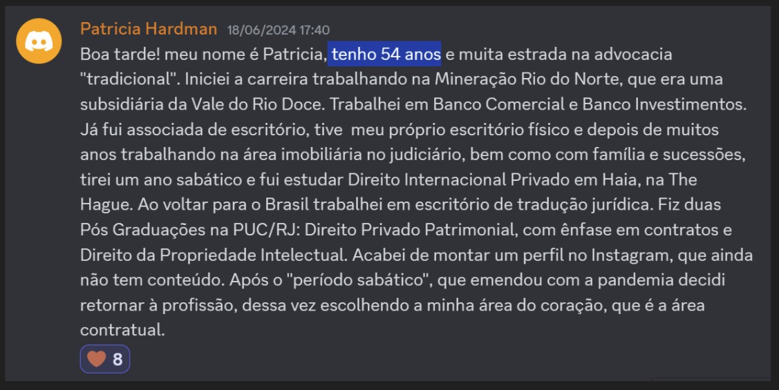 Print de aluna sobre "Não sou mais 'novinha'"
