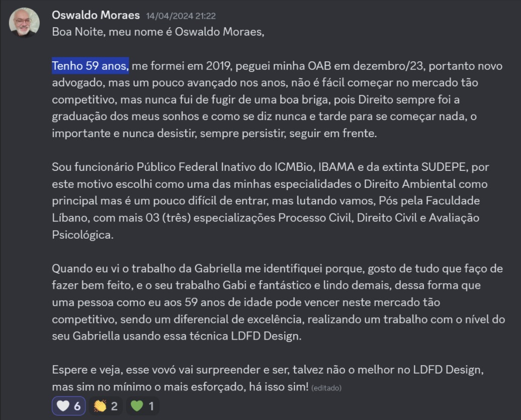 Print de aluna sobre "Não sou mais 'novinha'"