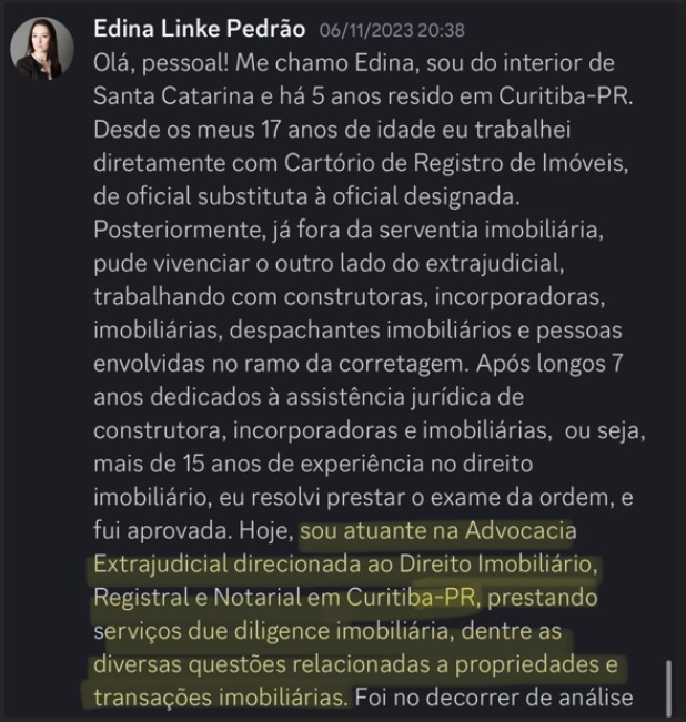 Print de aluna sobre "Será que é pra minha área?"