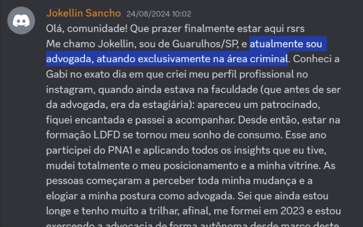 Print de aluna sobre "Será que é pra minha área?"
