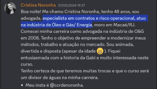 Print de aluna sobre "Será que é pra minha área?"