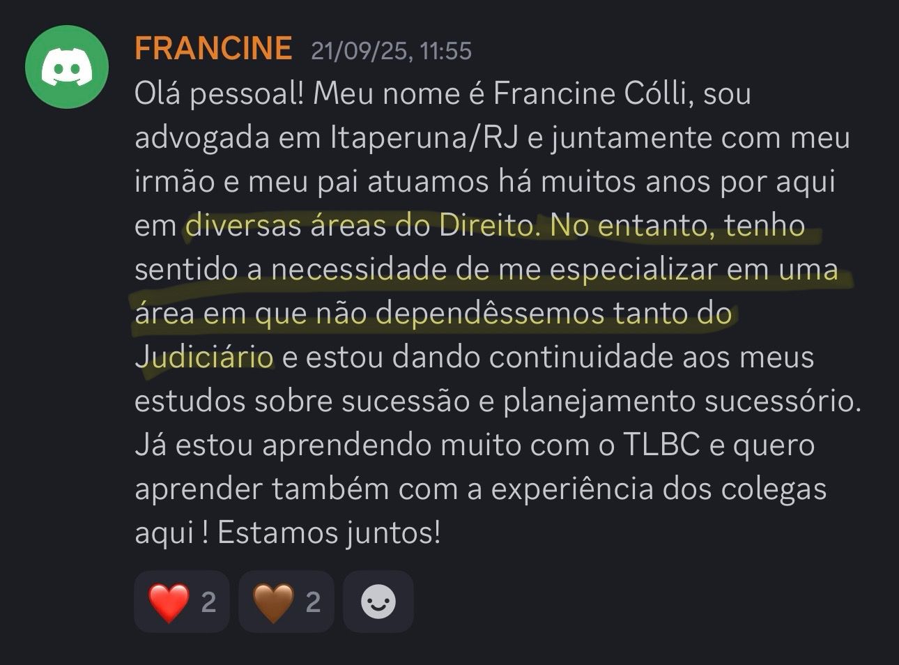 Print de aluna sobre "Será que é pra minha área?"