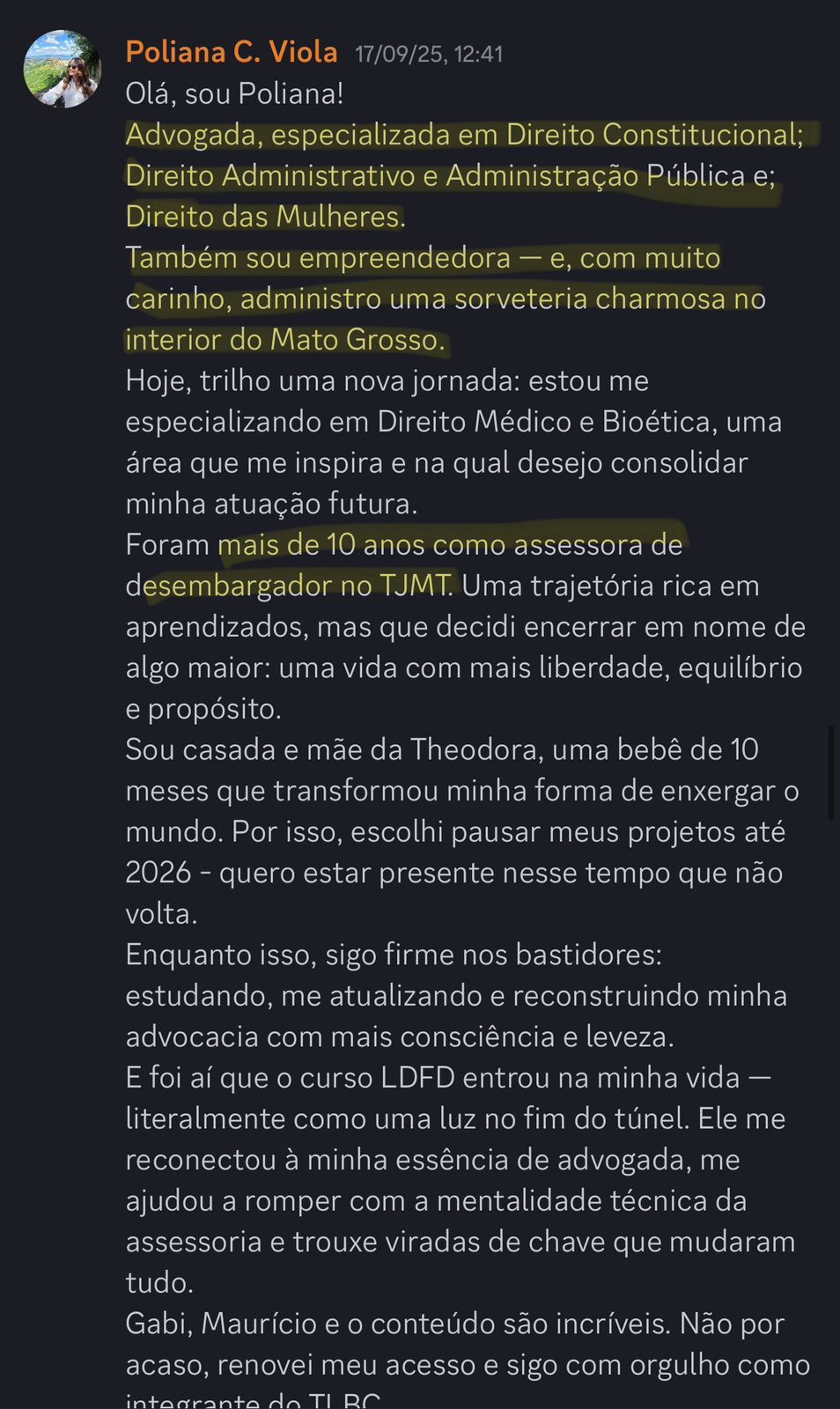 Print de aluna sobre "Será que é pra minha área?"