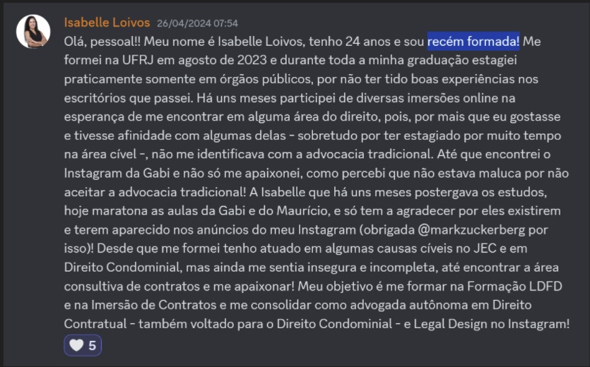 Print de aluna sobre "Sou recém-formada"