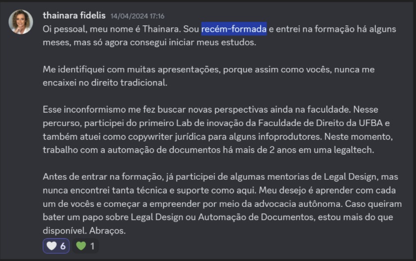 Print de aluna sobre "Sou recém-formada"