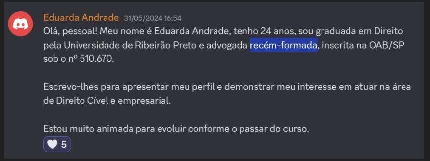 Print de aluna sobre "Sou recém-formada"