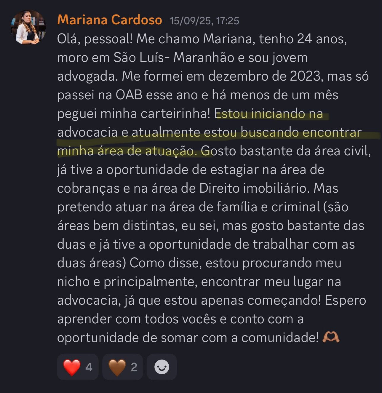 Print de aluna sobre "Sou recém-formada"